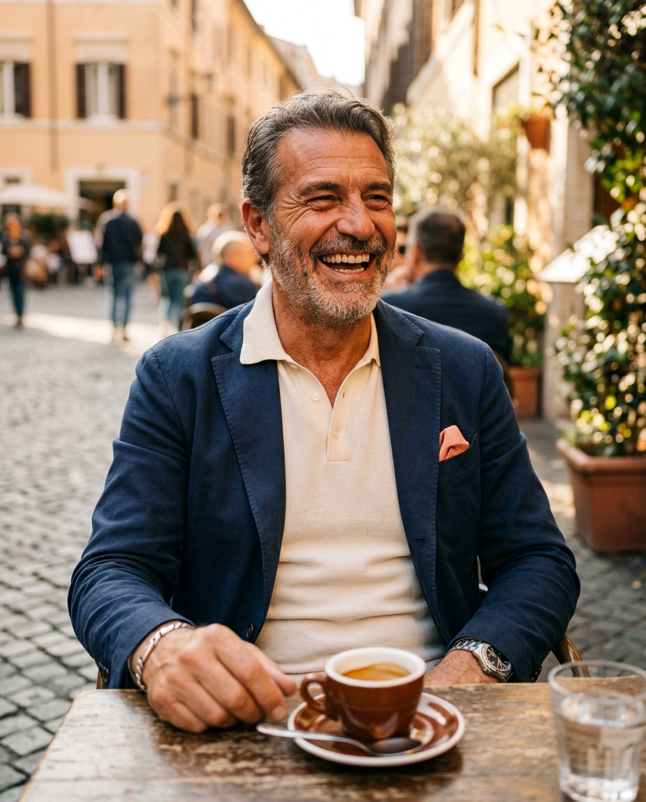 Uomo sorridente che ride al bar con un sorriso sicuro