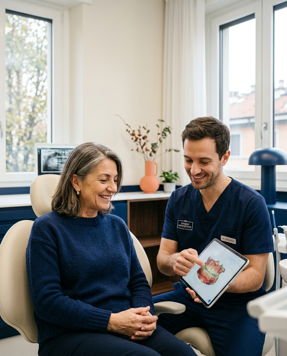 Paziente sorridente durante la prima visita di implantologia mentre il dentista le mostra la scansione 3D