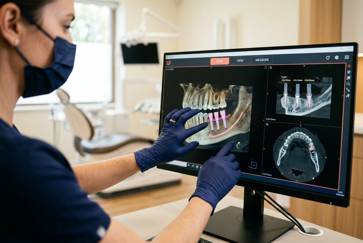 Il dentista pianifica gli impianti su una scansione 3D dell'arcata